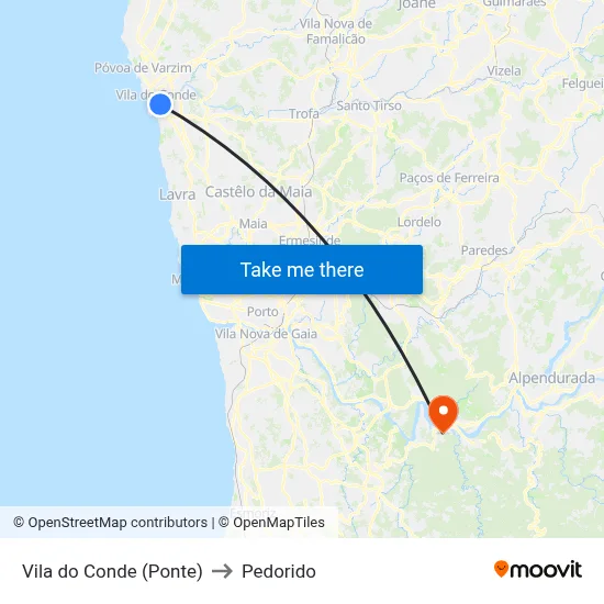 Vila do Conde (Ponte) to Pedorido map