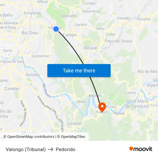 Valongo (Tribunal) to Pedorido map