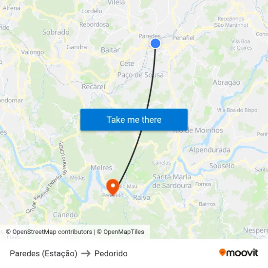 Paredes (Estação) to Pedorido map
