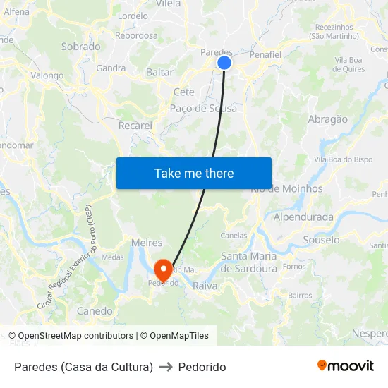 Paredes (Casa da Cultura) to Pedorido map