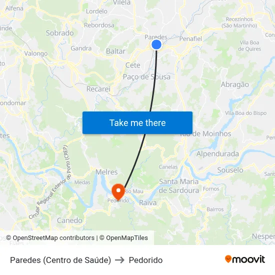 Paredes (Centro de Saúde) to Pedorido map