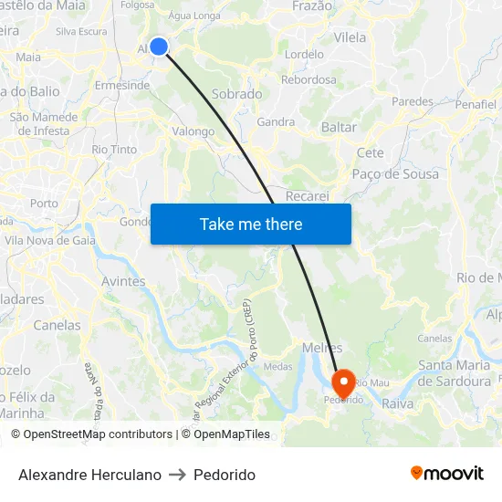 Alexandre Herculano to Pedorido map