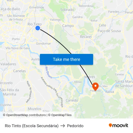 Rio Tinto (Escola Secundária) to Pedorido map