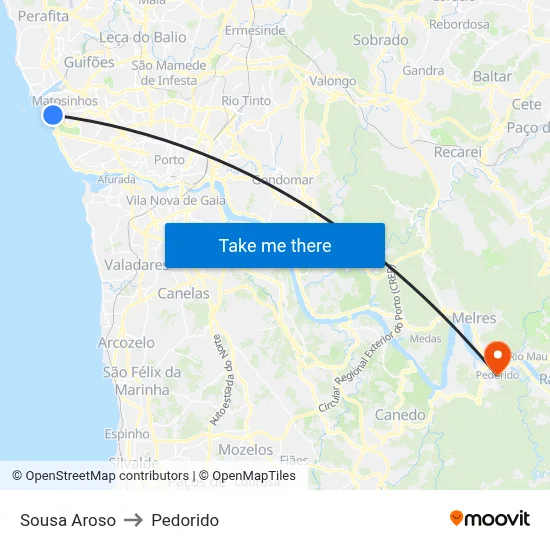 Sousa Aroso to Pedorido map