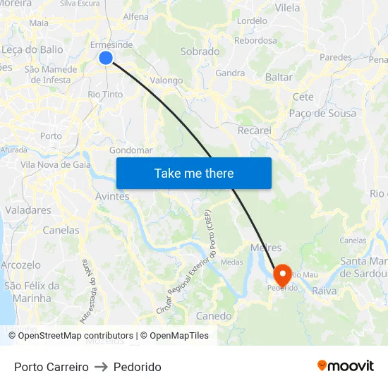 Porto Carreiro to Pedorido map