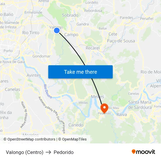 Valongo (Centro) to Pedorido map