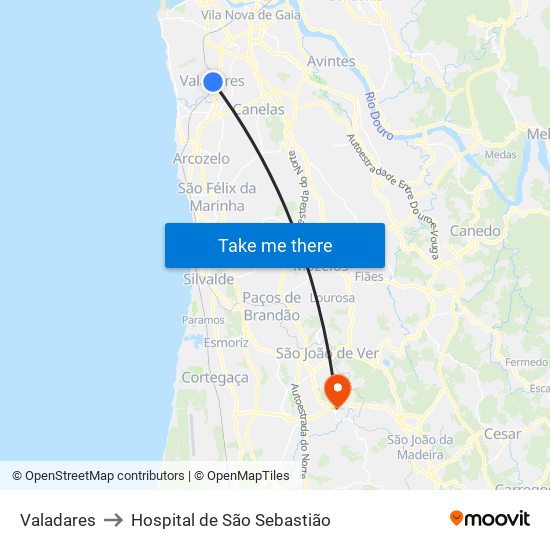 Valadares to Hospital de São Sebastião map