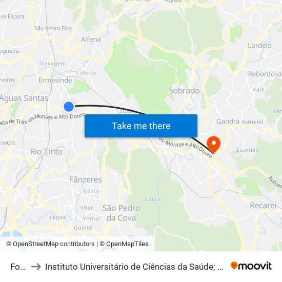 Formiga to Instituto Universitário de Ciências da Saúde; Escola Superior de Saúde do Vale do Sousa map
