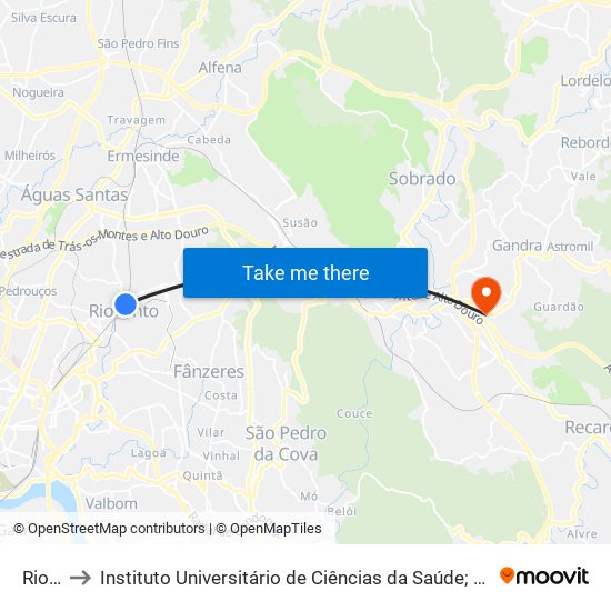 Rio Tinto to Instituto Universitário de Ciências da Saúde; Escola Superior de Saúde do Vale do Sousa map