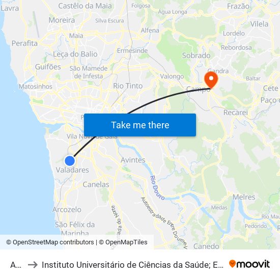 Aguim to Instituto Universitário de Ciências da Saúde; Escola Superior de Saúde do Vale do Sousa map