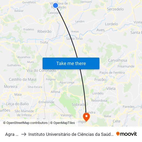 Agra do Vinhal to Instituto Universitário de Ciências da Saúde; Escola Superior de Saúde do Vale do Sousa map