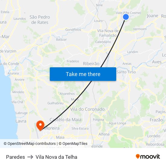 Paredes to Vila Nova da Telha map