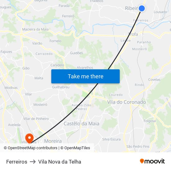 Ferreiros to Vila Nova da Telha map