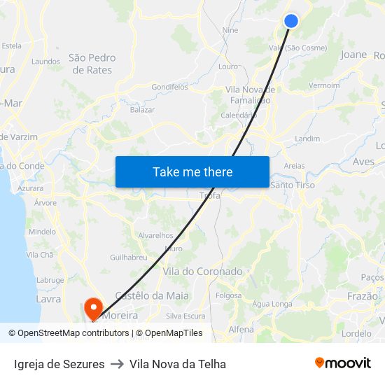 Igreja de Sezures to Vila Nova da Telha map