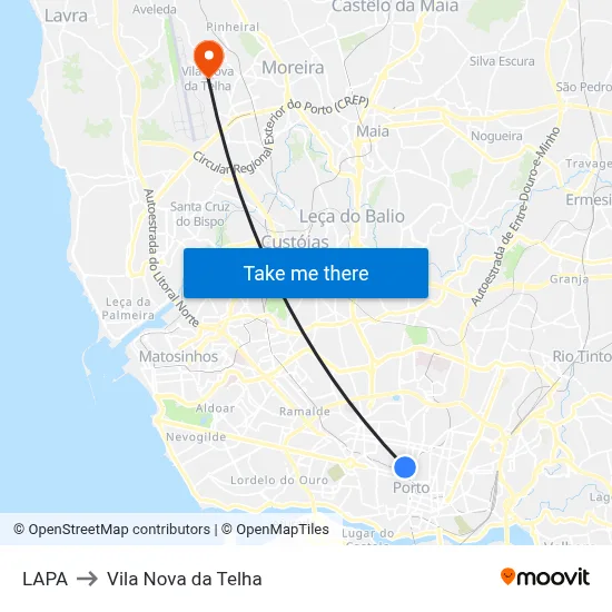 LAPA to Vila Nova da Telha map