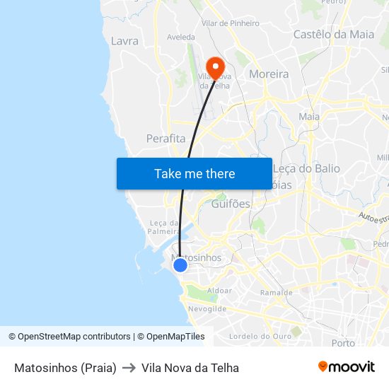 Matosinhos (Praia) to Vila Nova da Telha map