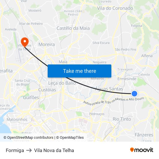Formiga to Vila Nova da Telha map