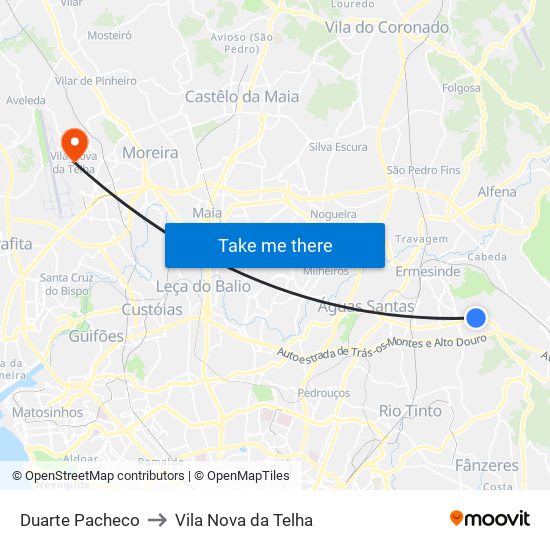 Duarte Pacheco to Vila Nova da Telha map