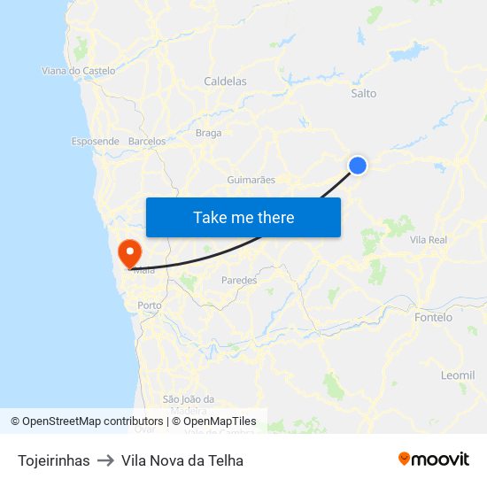 Tojeirinhas to Vila Nova da Telha map