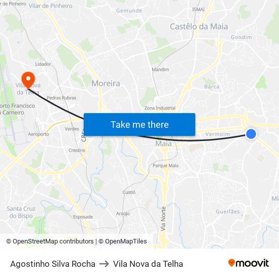 Agostinho Silva Rocha to Vila Nova da Telha map