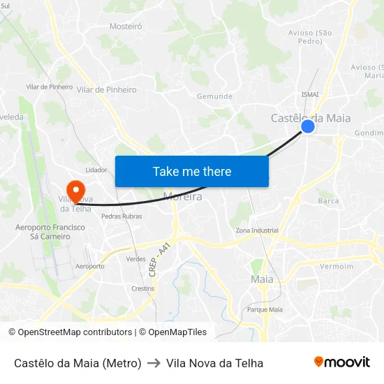Castêlo da Maia (Metro) to Vila Nova da Telha map