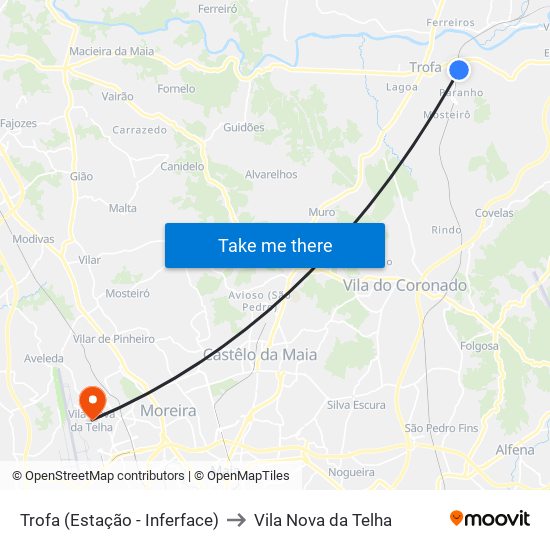 Trofa (Estação - Inferface) to Vila Nova da Telha map