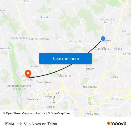 ISMAI to Vila Nova da Telha map