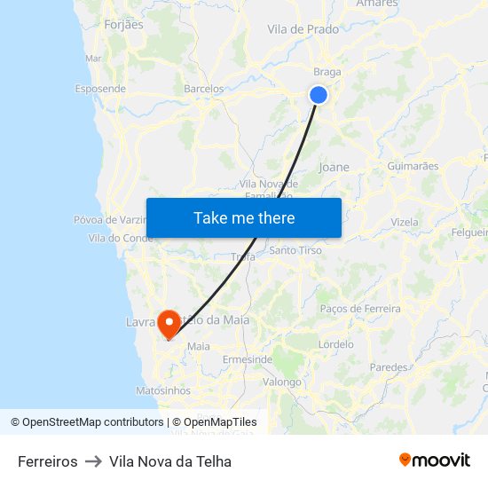 Ferreiros to Vila Nova da Telha map