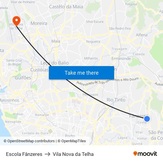 Fânzeres (Escola) to Vila Nova da Telha map