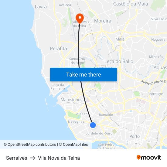 Serralves to Vila Nova da Telha map