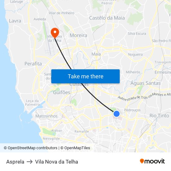 Asprela to Vila Nova da Telha map