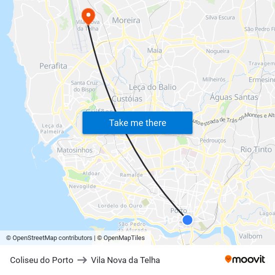Coliseu do Porto to Vila Nova da Telha map
