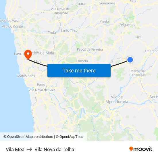 Vila Meã to Vila Nova da Telha map