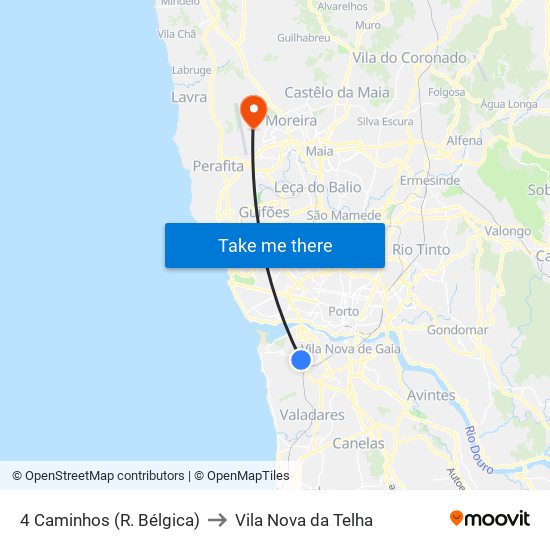 4 Caminhos (R. Bélgica) to Vila Nova da Telha map