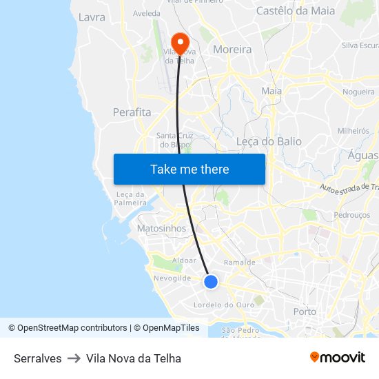 Serralves to Vila Nova da Telha map