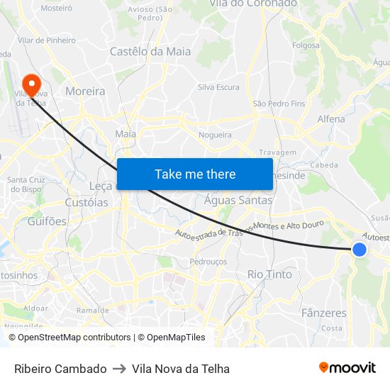 Ribeiro Cambado to Vila Nova da Telha map