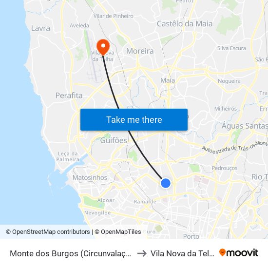 Monte dos Burgos (Circunvalação) to Vila Nova da Telha map