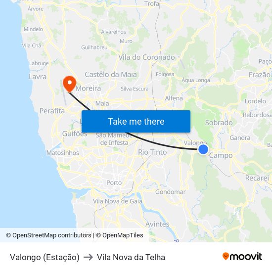 Valongo (Estação) to Vila Nova da Telha map