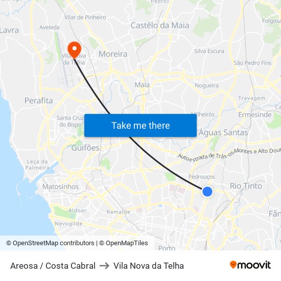 Areosa / Costa Cabral to Vila Nova da Telha map