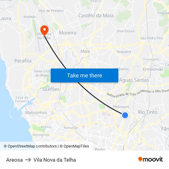 Areosa to Vila Nova da Telha map