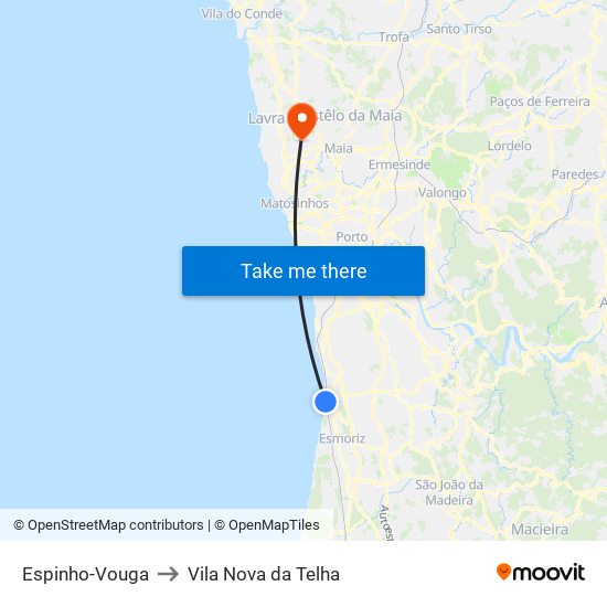 Espinho-Vouga to Vila Nova da Telha map