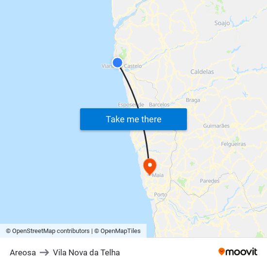 Areosa to Vila Nova da Telha map