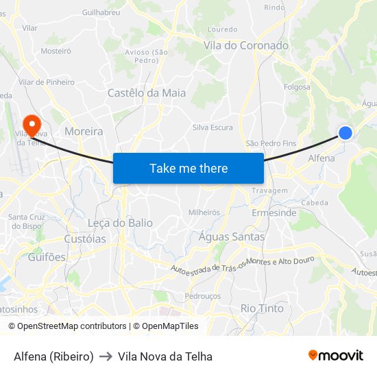 Alfena (Ribeiro) to Vila Nova da Telha map