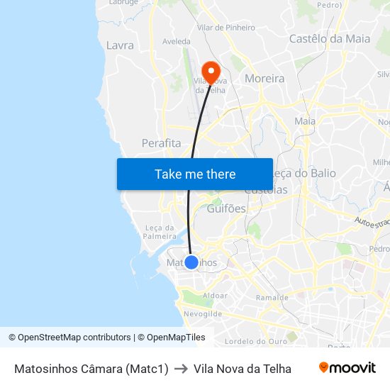 Matosinhos Câmara (Matc1) to Vila Nova da Telha map