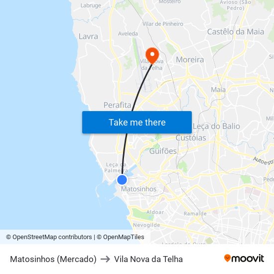 Matosinhos (Mercado) to Vila Nova da Telha map