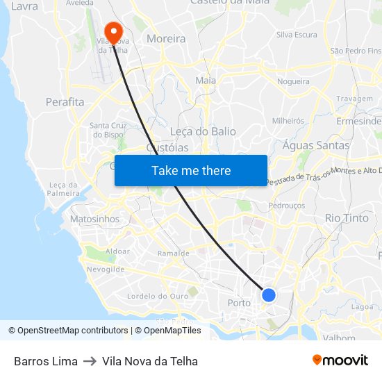 Barros Lima to Vila Nova da Telha map