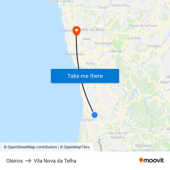 Oleiros to Vila Nova da Telha map