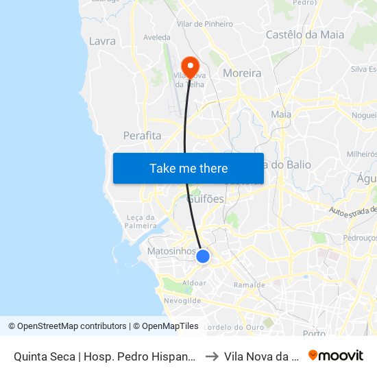 Quinta Seca | Hosp. Pedro Hispano (Metro) to Vila Nova da Telha map