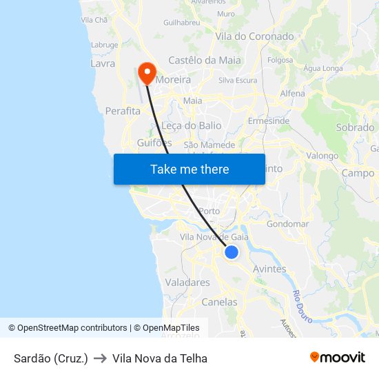 Porta do Aveiro to Vila Nova da Telha map