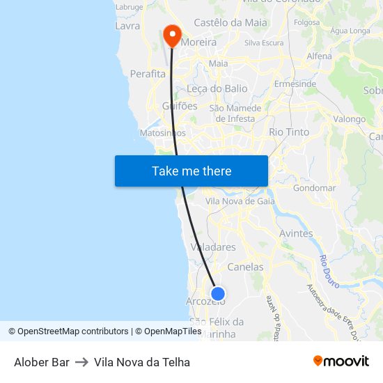 Alober Bar to Vila Nova da Telha map